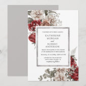 zilveren bordeaux rustieke bloemen bruiloft uitnod kaart (Voorkant / Achterkant)