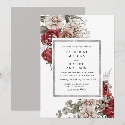 zilveren bordeaux rustieke bloemen bruiloft uitnod kaart (Voorkant / Achterkant)