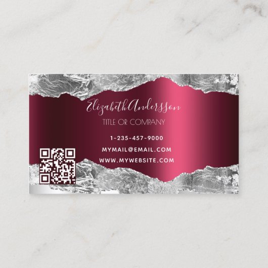 Zilveren bordeauxrode agaat marmeren logo QR-code Visitekaartje (Achterkant)