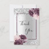 Zilveren bordeauxrode bloemen elegant glamoureus bedankkaart (Voorkant)