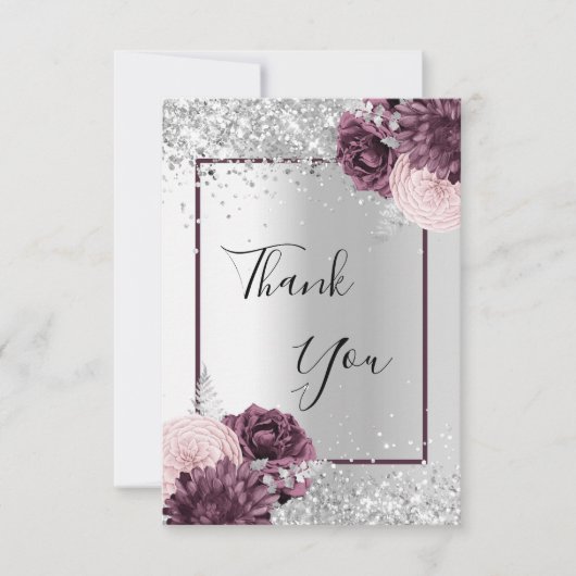 Zilveren bordeauxrode bloemen elegant glamoureus bedankkaart (Voorkant)