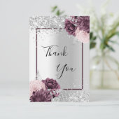 Zilveren bordeauxrode bloemen elegant glamoureus bedankkaart (Staand voorkant)