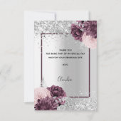 Zilveren bordeauxrode bloemen elegant glamoureus bedankkaart (Achterkant)