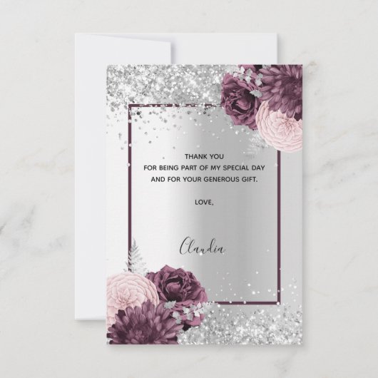 Zilveren bordeauxrode bloemen elegant glamoureus bedankkaart (Achterkant)