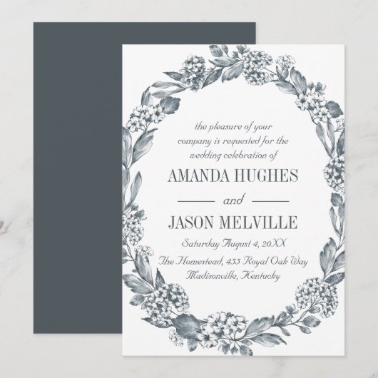 zilveren botanische | Bloemenkrans bruiloft Kaart (Voorkant / Achterkant)