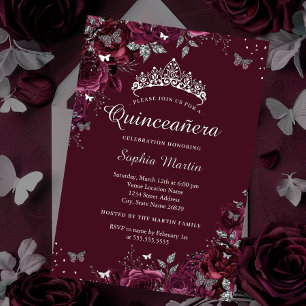 Zilveren Bourgondië bloem Quinceanera Folie Uitnodiging