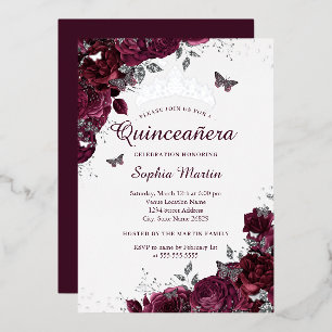 Zilveren Bourgondië Bloemrijke Elegante Quinceaner Folie Uitnodiging