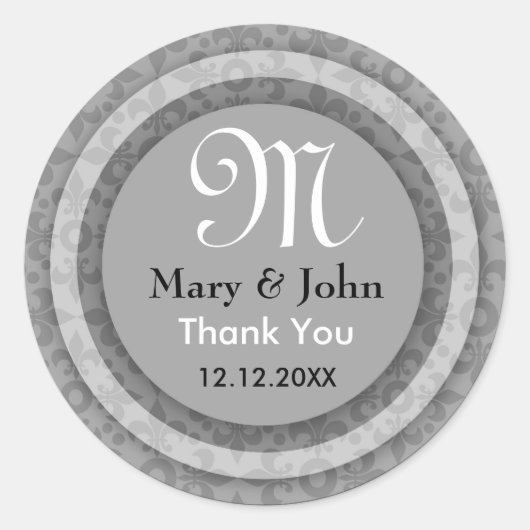 Zilveren Bride&Groom Dank u Monogram Afdichtingen Ronde Sticker (Voorkant)