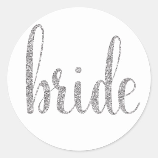 Zilveren bruid stickers, glitter lettertype ronde sticker (Voorkant)
