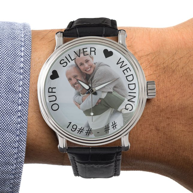 Zilveren bruiloft aangepaste jaren foto horloge (Silver wedding keepsake photo watch)