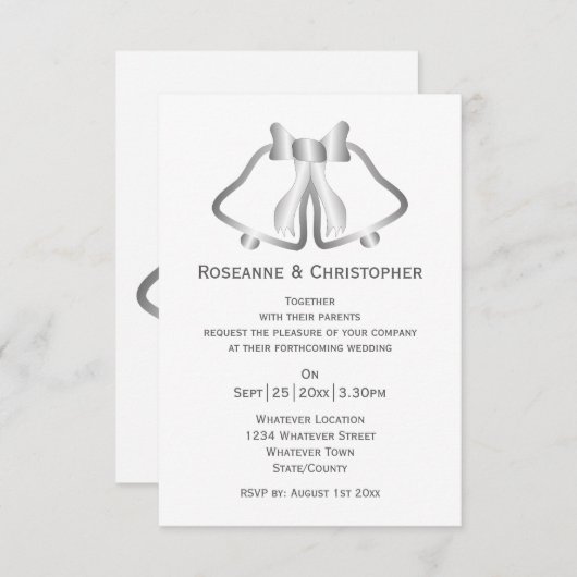 Zilveren bruiloft uitnodiging bellen en lint (Voorkant / Achterkant)