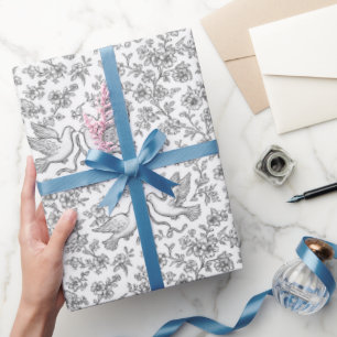 Zilveren Bruiloftduiven met Lint en Bloemen Cadeaupapier