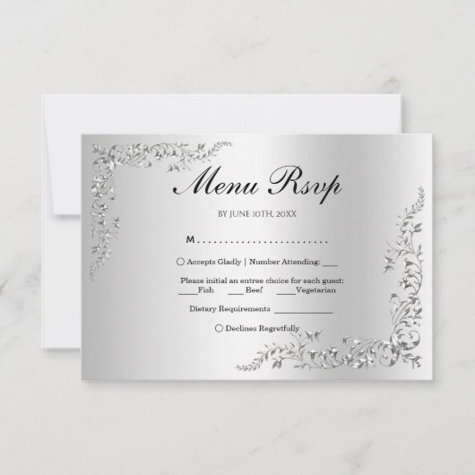 Zilveren Bruiloftsmenu RSVP Kaartje (Voorkant)