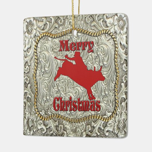 Zilveren Bull Rider Belt Gesp Kerstmis Keramisch Ornament (Links)