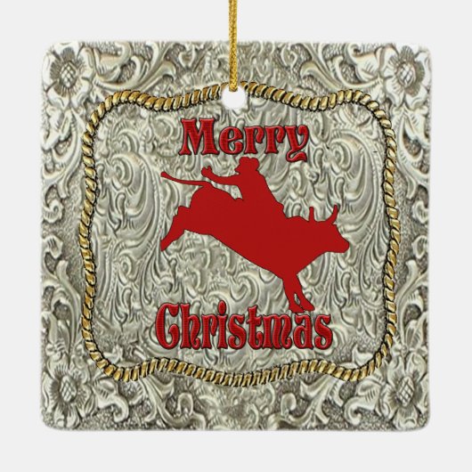 Zilveren Bull Rider Belt Gesp Kerstmis Keramisch Ornament (Achterkant)