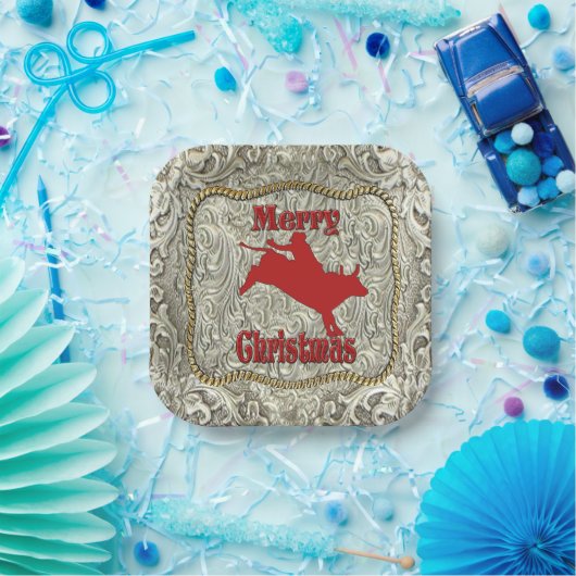 Zilveren Bull Rider Belt Gesp Kerstmis Papieren Bordje (Feest)