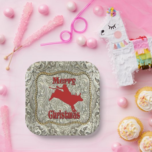 Zilveren Bull Rider Belt Gesp Kerstmis Papieren Bordje (Feest)