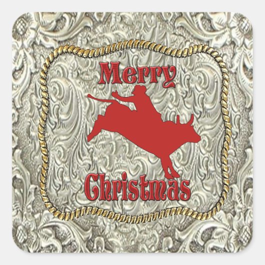 Zilveren Bull Rider Belt Gesp Kerstmis Vierkante Sticker (Voorkant)