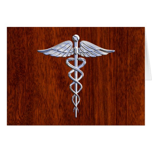 Zilveren Caduceus Medisch Symbool Mahonie Decor (Voorkant Horizontaal)