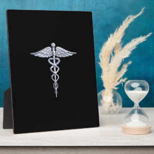 Zilveren Caduceus Medisch Symbool op Zwarte Decor Fotoplaat