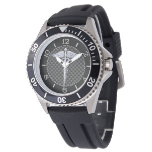 Zilveren Caduceus Symbool Carbon Fiber Style Dial Horloge
