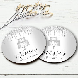 Zilveren cake glitters druppels elegante meisjesac ronde kartonnen onderzetter