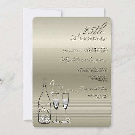 Zilveren Champagne Proost 25e Trouwdag Kaart (Voorkant)