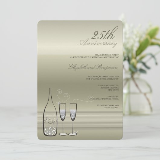 Zilveren Champagne Proost 25e Trouwverjaardag Kaart (Staand voorkant)