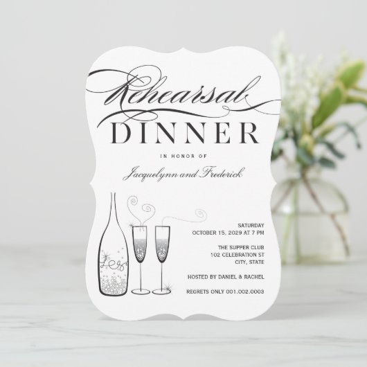 Zilveren Champagne Repetitie Diner Uitnodiging (Staand voorkant)