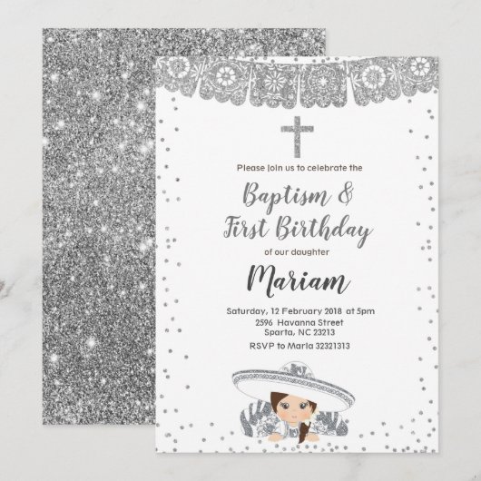 Zilveren Charra Meisje doop en verjaardag uitnodig Kaart (Voorkant / Achterkant)