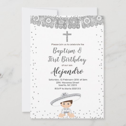Zilveren Charro Boy doop en verjaardagsuitnodiging Kaart (Voorkant)