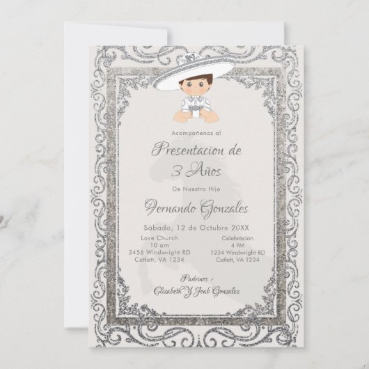 Zilveren Charro Mexicaanse Tres Anos Jongen Uitnod Kaart (Voorkant)