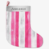 Zilveren  Chic Pink Glam Christmas Stripes Grote Kerstsok (Voorkant)
