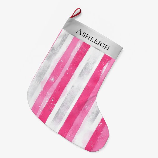Zilveren  Chic Pink Glam Christmas Stripes Grote Kerstsok (Voorkant (Hangend))