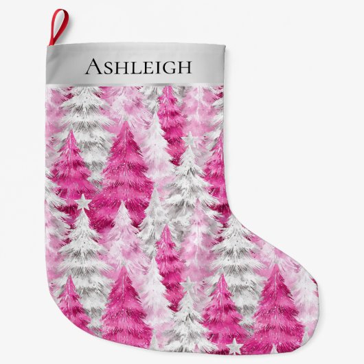 Zilveren Chic Pink Glam kerstbomen Grote Kerstsok (Voorkant)