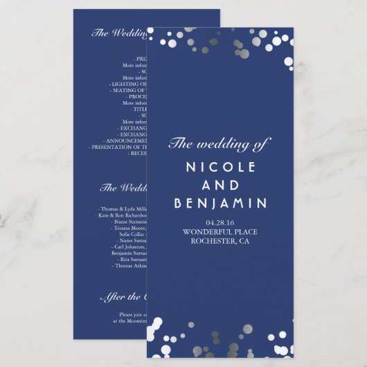 Zilveren Comfetti Elegante Marine Blauwe Trouwprog Programmakaart (Voorkant / Achterkant)