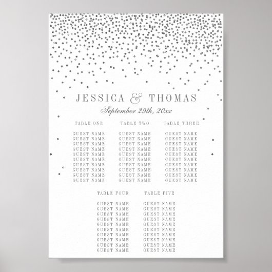 Zilveren Confetti Bruiloft Zitplaatsen Chart met V Poster (Voorkant)