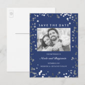Zilveren Confetti Elegante Navy Foto Save the Date Aankondigingskaart (Voorkant / Achterkant)