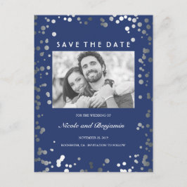 Zilveren Confetti Elegante Navy Foto Save the Date Aankondigingskaart