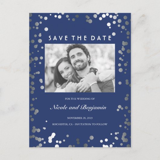 Zilveren Confetti Elegante Navy Foto Save the Date Aankondigingskaart (Voorkant)