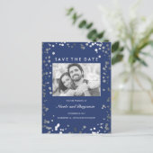 Zilveren Confetti Elegante Navy Foto Save the Date Aankondigingskaart (Staand voorkant)