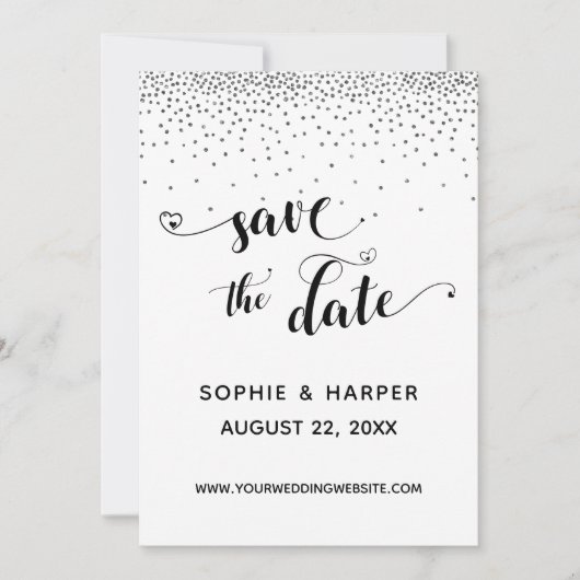 Zilveren Confetti en kalligrafie met harten Save The Date (Voorkant)