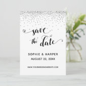 Zilveren Confetti en kalligrafie met harten Save The Date (Staand voorkant)
