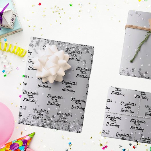 Zilveren confetti glans naam elegant verjaardagson inpakpapier vel