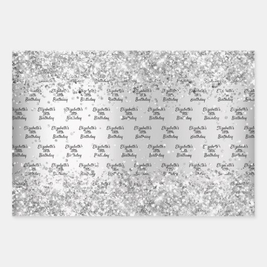 Zilveren confetti glans naam elegant verjaardagson inpakpapier vel (Voorkant 3)