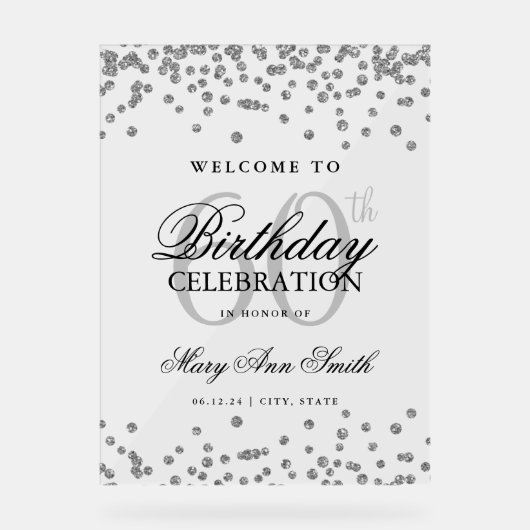 Zilveren Confetti Glitter 60e verjaardag Welkom Acryl Bord (Voorkant)