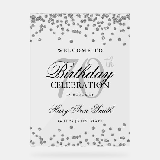 Zilveren Confetti Glitter 70e verjaardag Welkom Acryl Bord (Voorkant)
