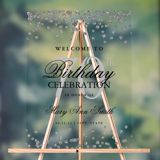 Zilveren Confetti Glitter 70e verjaardag Welkom Acryl Bord (Neutraal)