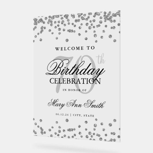 Zilveren Confetti Glitter 70e verjaardag Welkom Acryl Bord (Hoek)