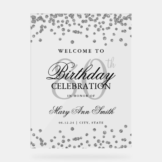 Zilveren Confetti Glitter 80e verjaardag Welkom Acryl Bord (Voorkant)